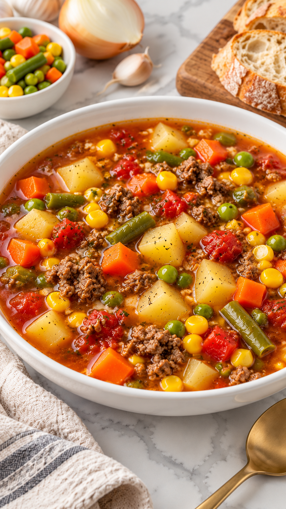 Close view of beef, tender potatoes and vegetables in hamburger soup.