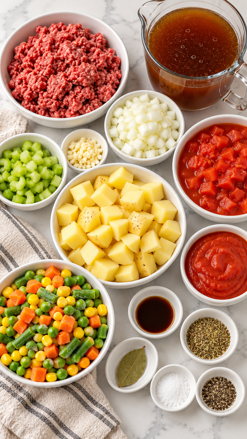 Ground beef, potatoes, onion, celery, garlic, broth, tomatoes and seasonings for hamburger soup.