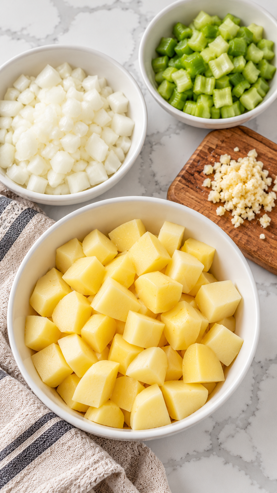 Diced onion, celery, minced garlic and half-inch potatoes prepared for hamburger soup.