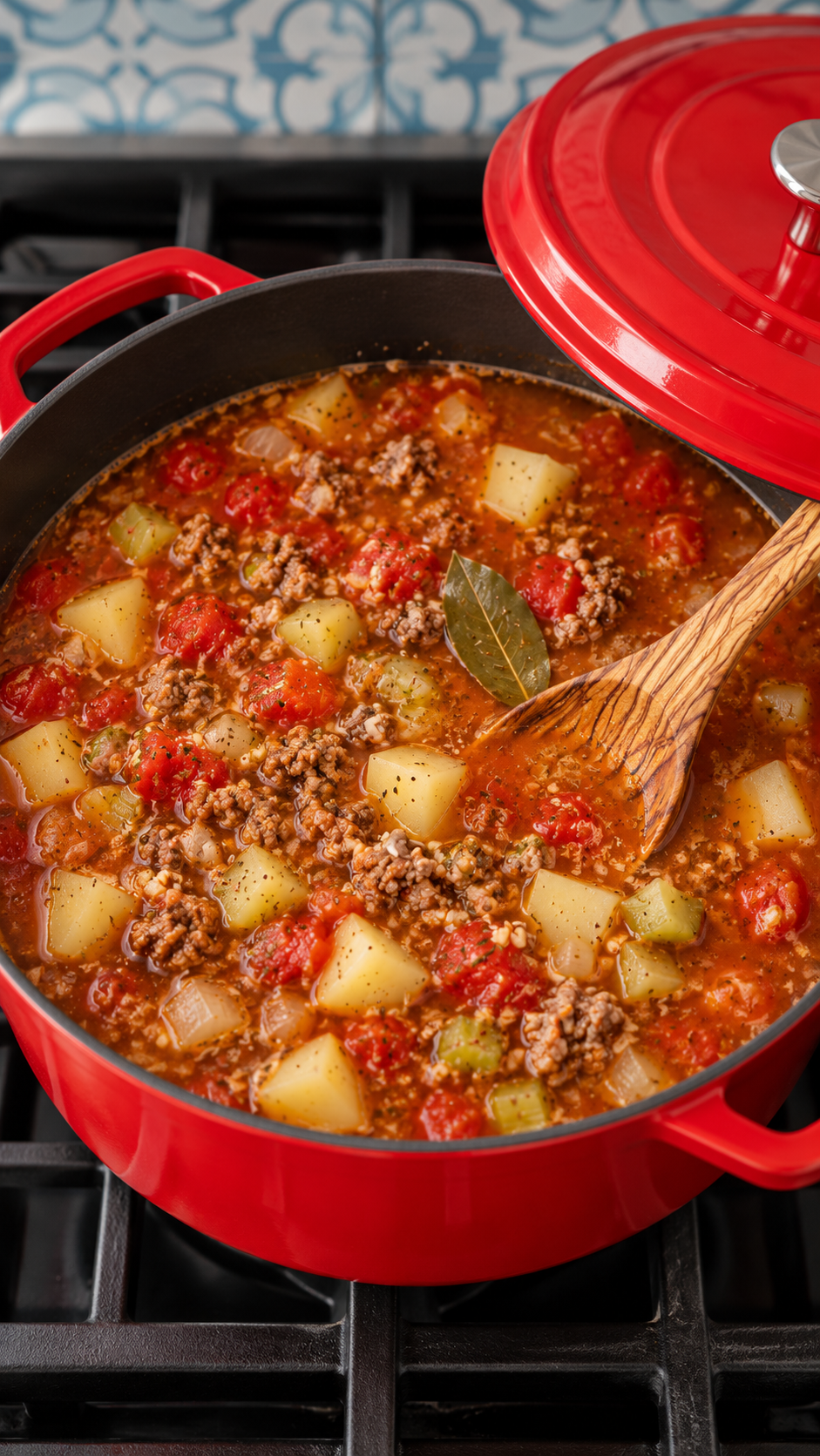 Potatoes and tomatoes simmering in beef broth before the mixed vegetables are added.