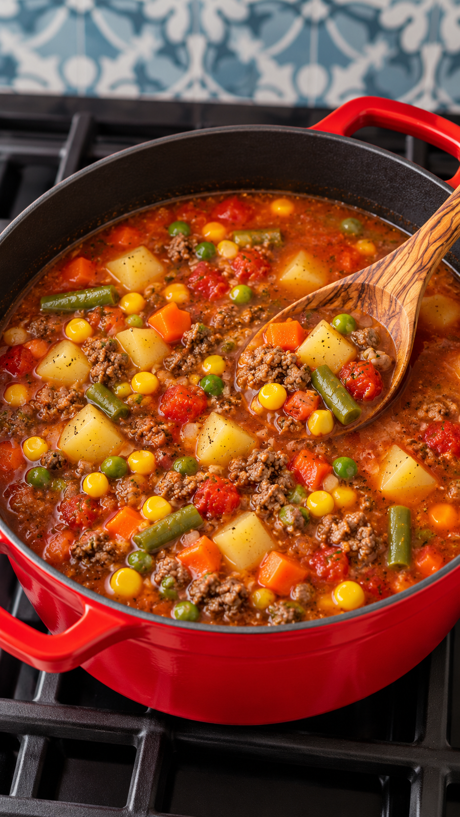 Finished hamburger soup with tender potatoes and mixed vegetables in a red Dutch oven.