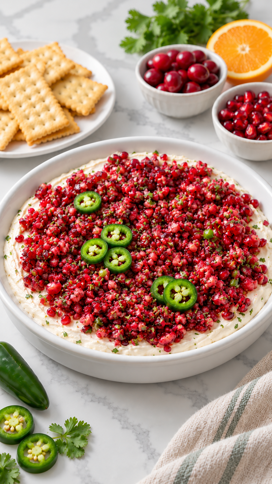 Cranberry pomegranate jalapeño dip in a plain white ceramic dish with Club crackers.