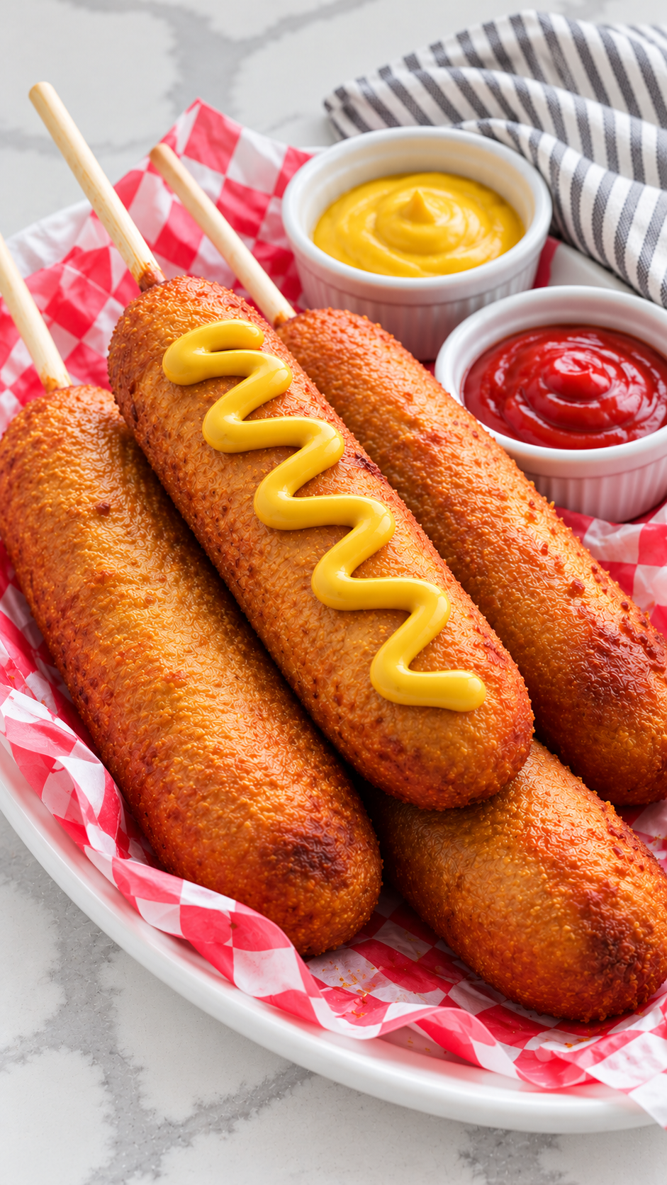 Close-up of homemade corn dogs with golden cornmeal coating and yellow mustard.