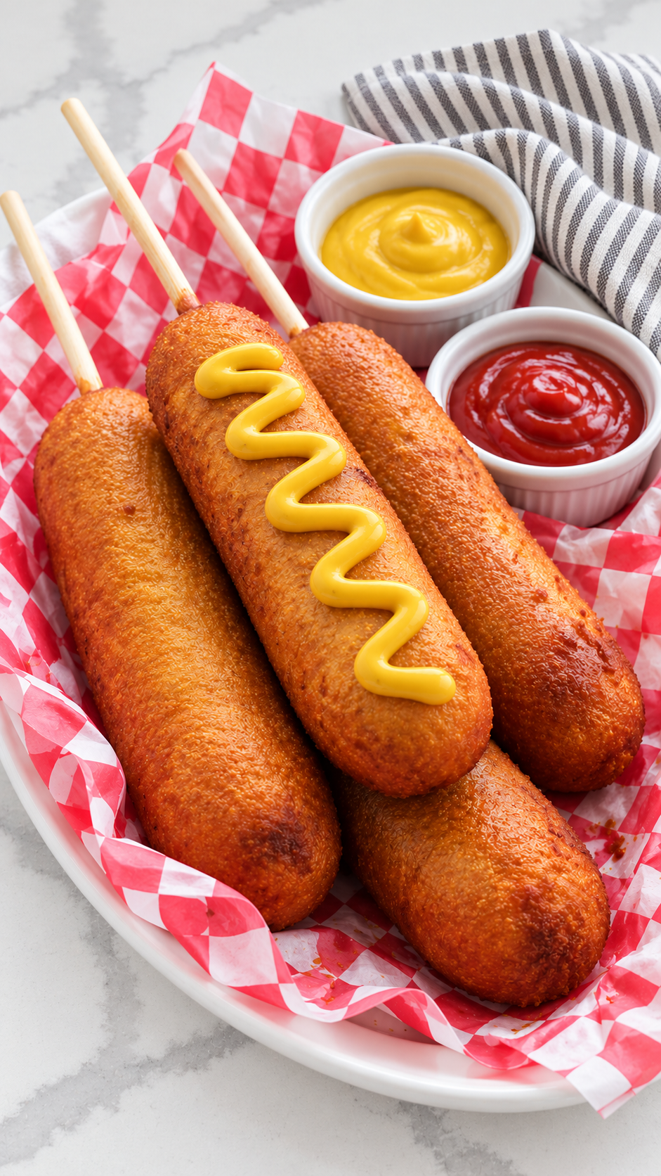 Homemade corn dogs with yellow mustard on a white oval platter.