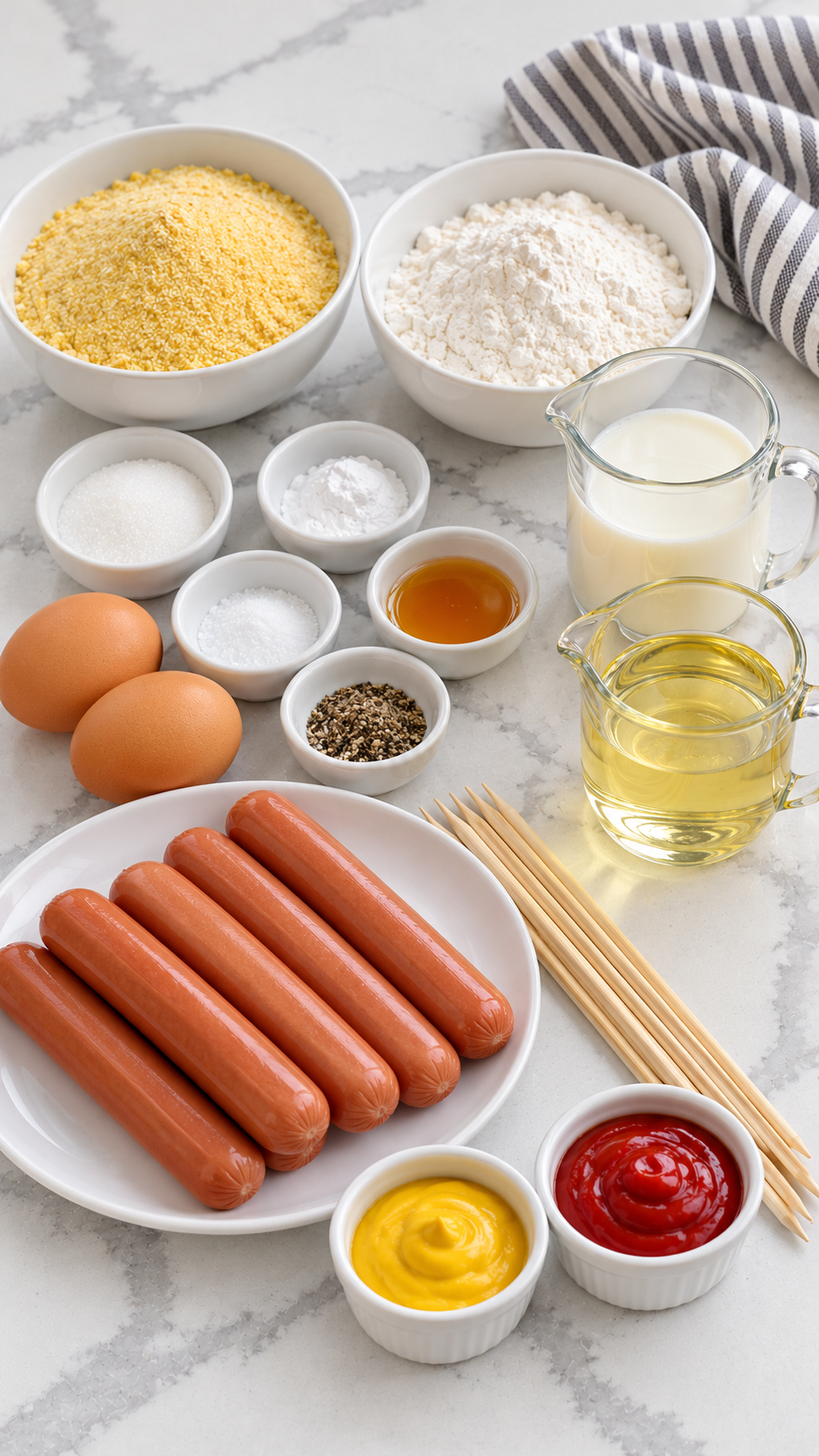 Cornmeal, flour, sugar, baking powder, salt, pepper, honey, eggs, milk, hot dogs, skewers, oil, mustard, and ketchup for homemade corn dogs.