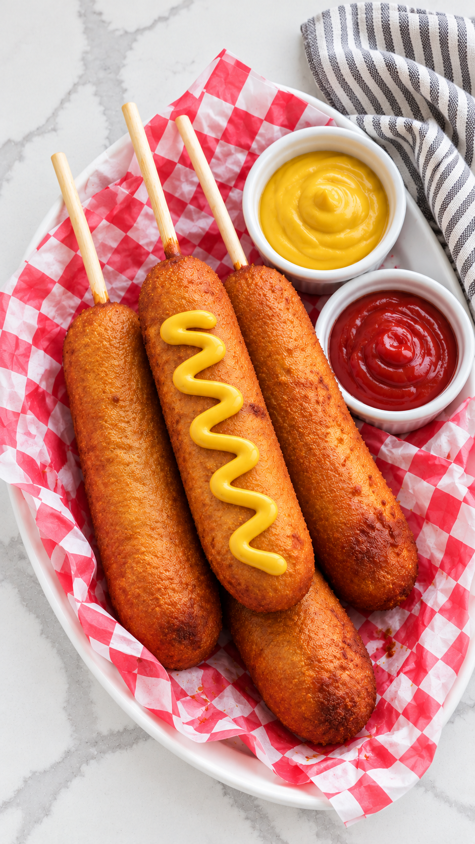 Overhead view of homemade corn dogs with mustard and ketchup.