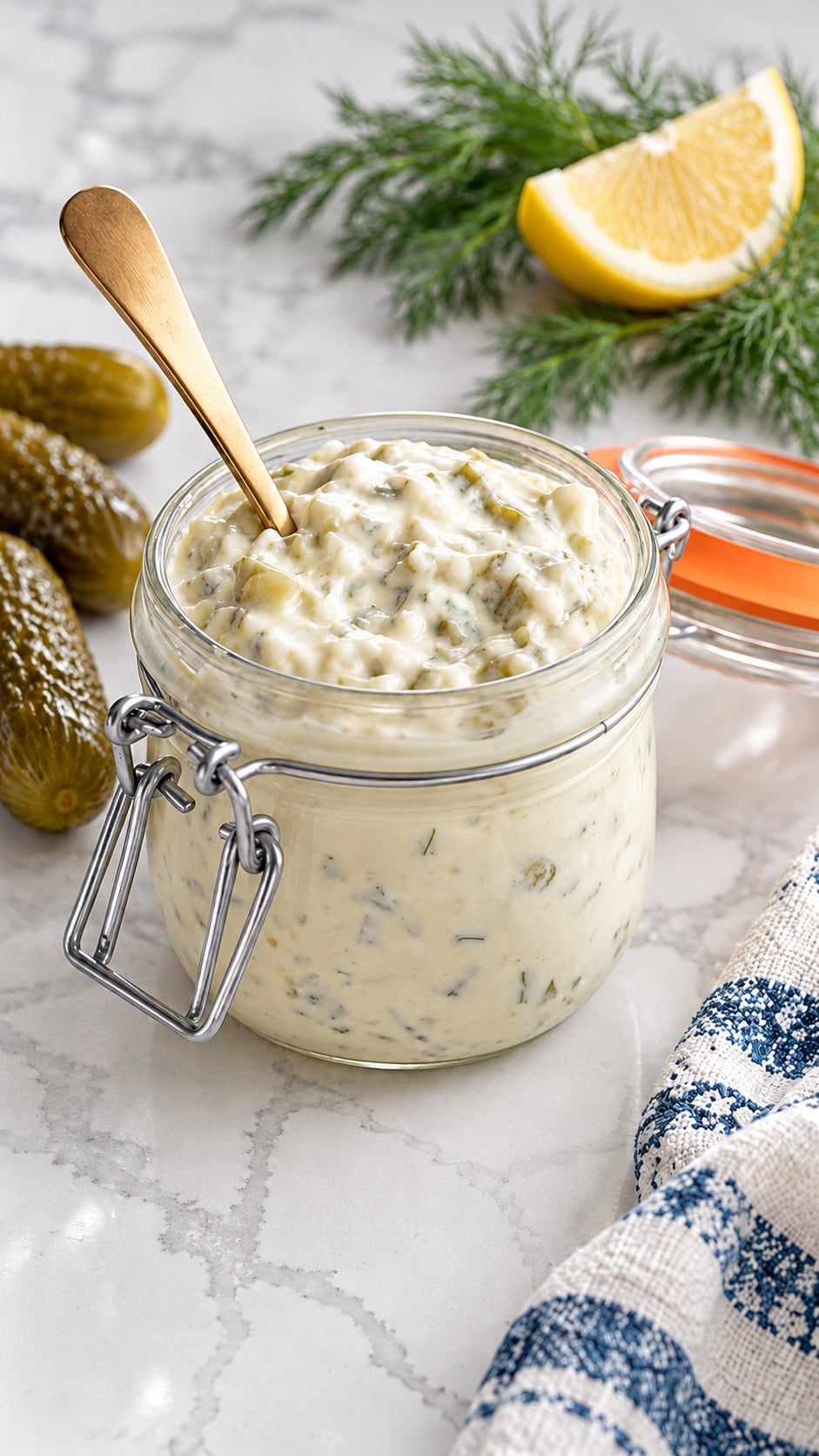 Finished homemade tartar sauce with a chunky dill pickle texture, ready to serve.