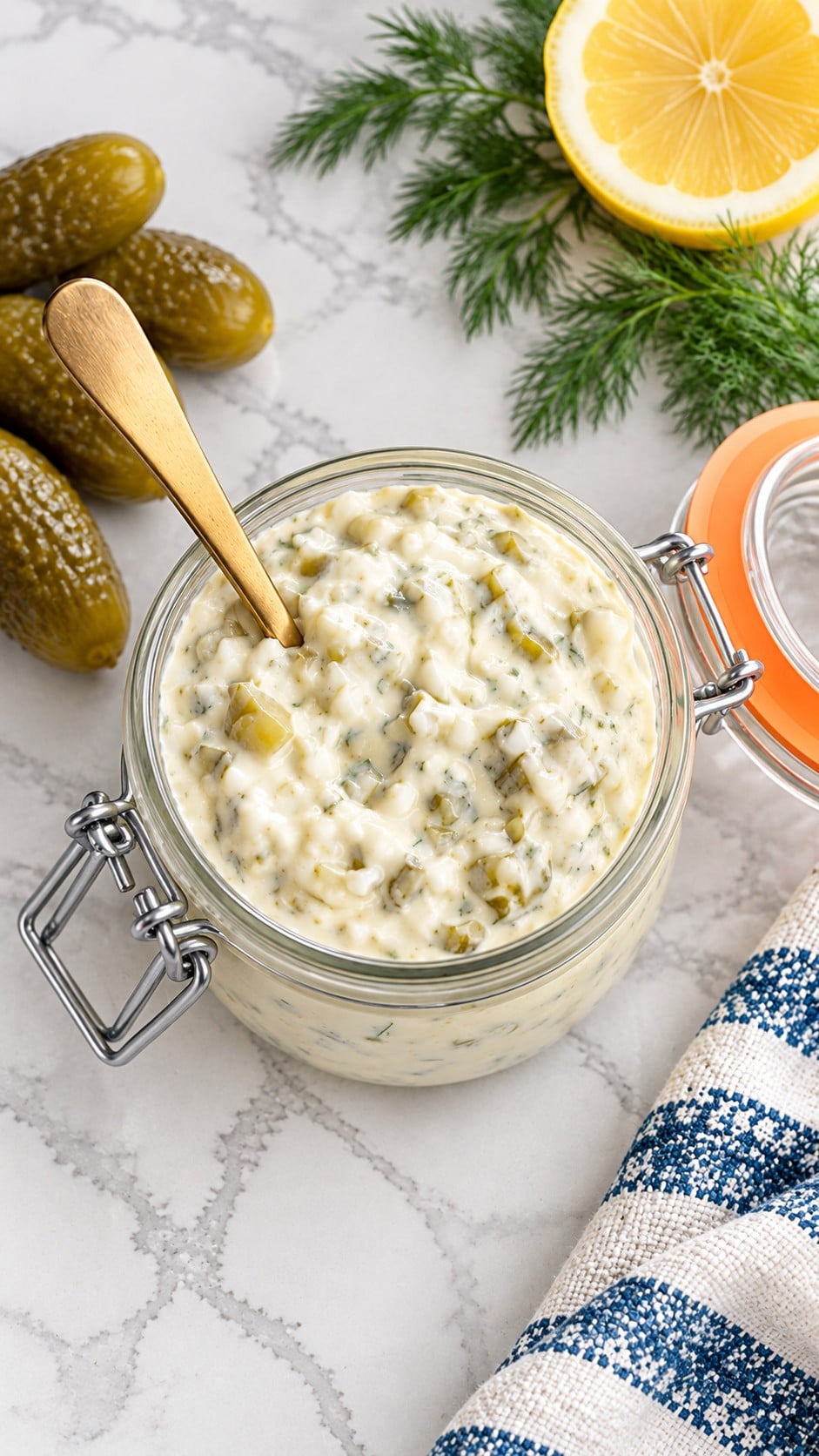 Overhead view of thick dill pickle tartar sauce in a hinged glass jar.