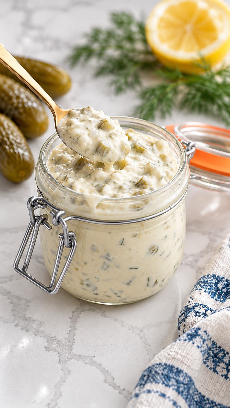 A spoonful of chunky homemade tartar sauce lifted from a glass jar.