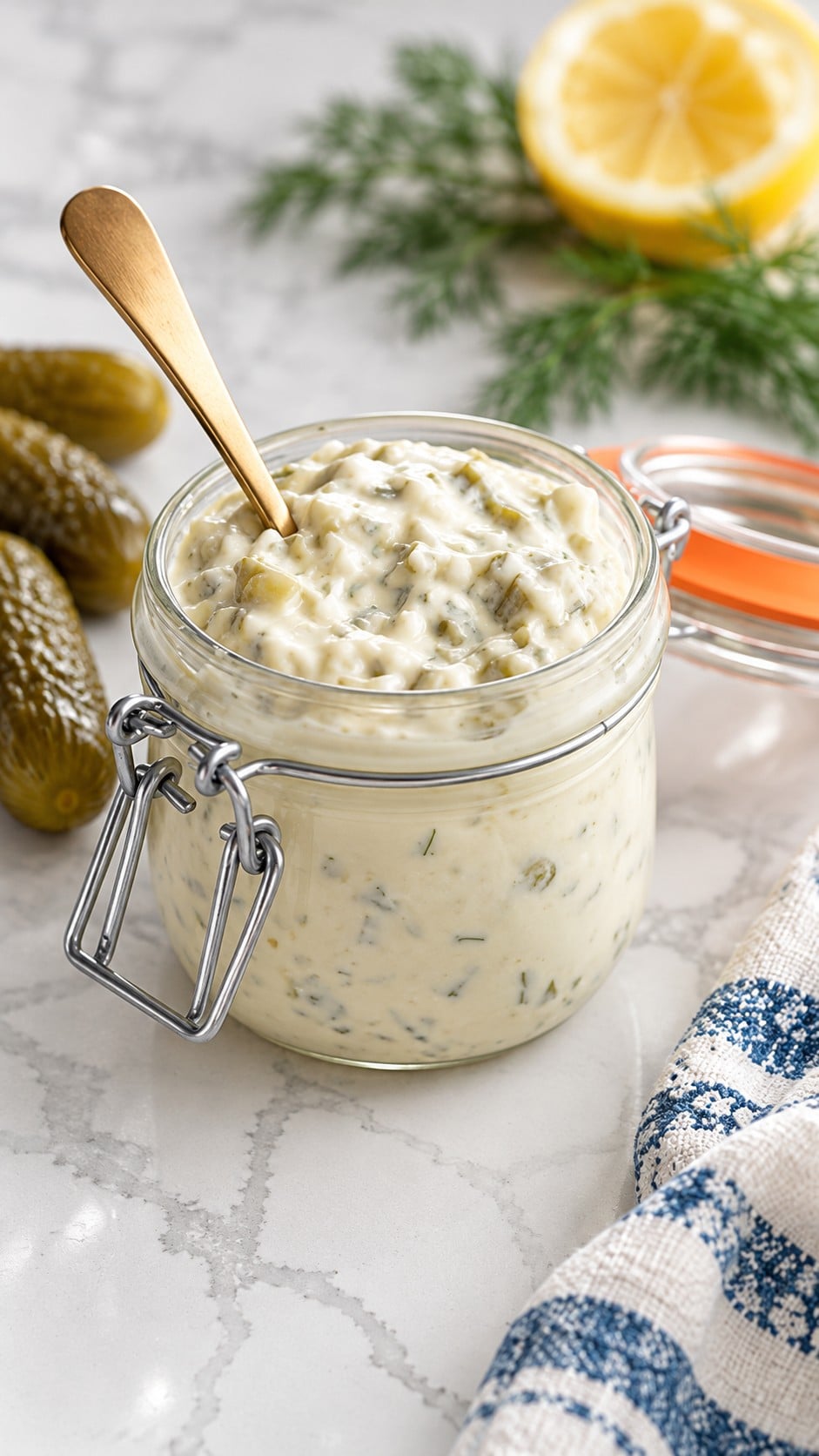 Chunky homemade tartar sauce in a glass jar with dill pickles, lemon, and fresh dill.