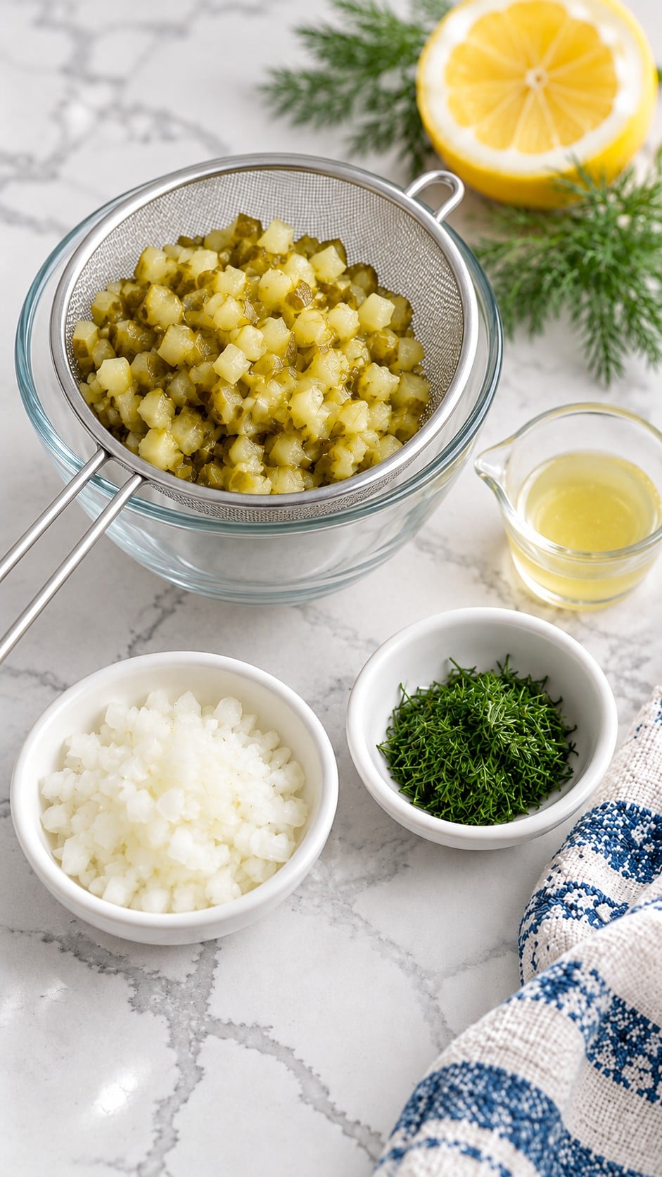 Finely chopped dill pickles draining in a fine mesh strainer, with reserved pickle juice, onion, and dill nearby.