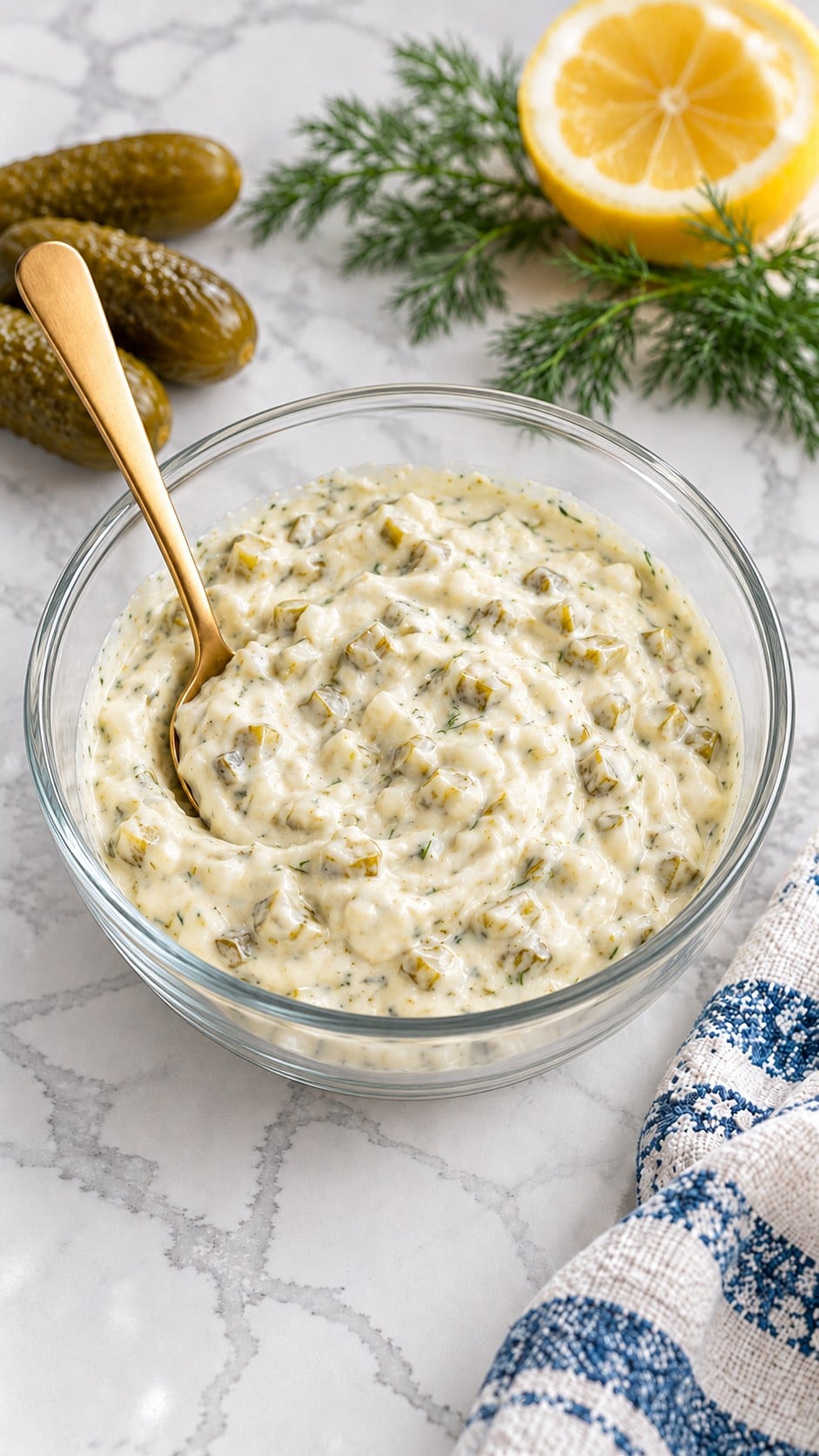 Chopped dill pickles, onion, and fresh dill folded into the creamy tartar sauce base.