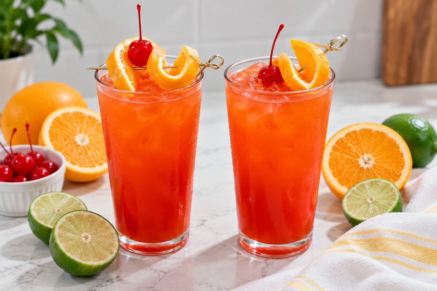 Finished Jamaican rum punch served in tall glasses with citrus and cherries
