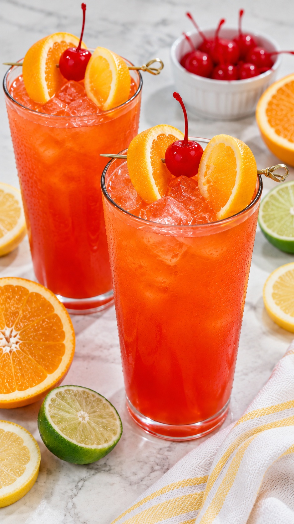 Close view of rum punch over ice with orange and cherry garnishes