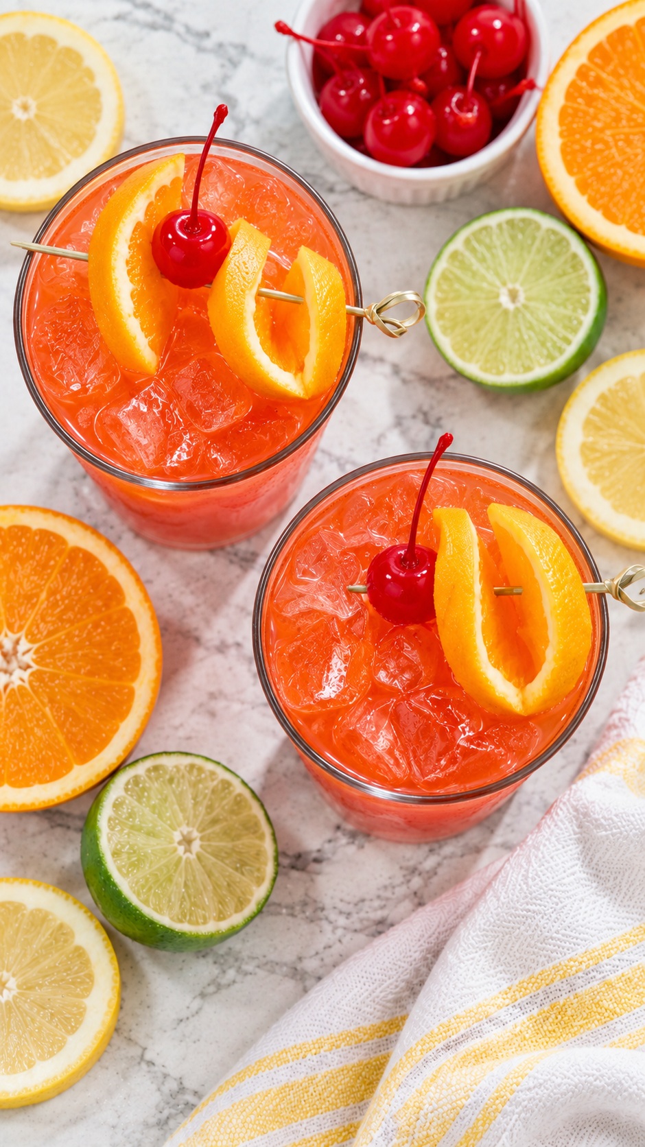 High-angle view of two glasses of coral-orange rum punch