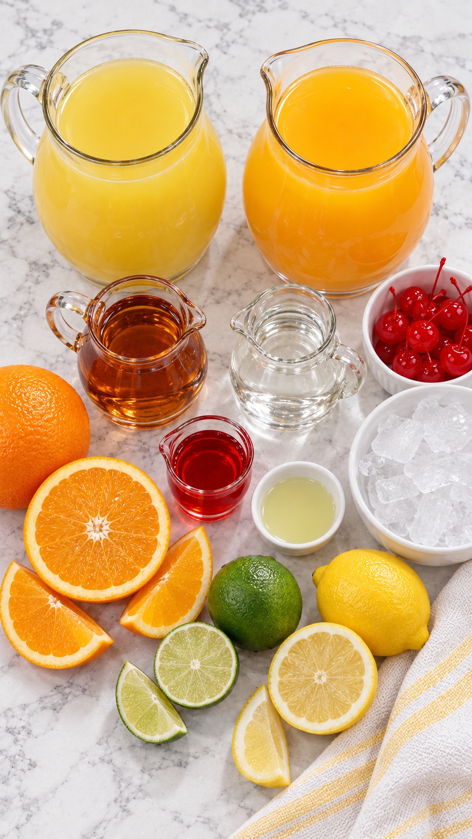 Juices, two rums, grenadine, citrus, cherries, and ice for rum punch