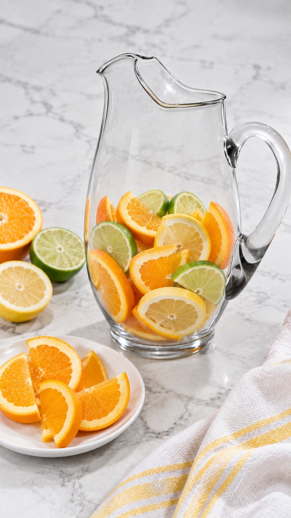 Sliced citrus in a glass pitcher with orange slices reserved for garnish