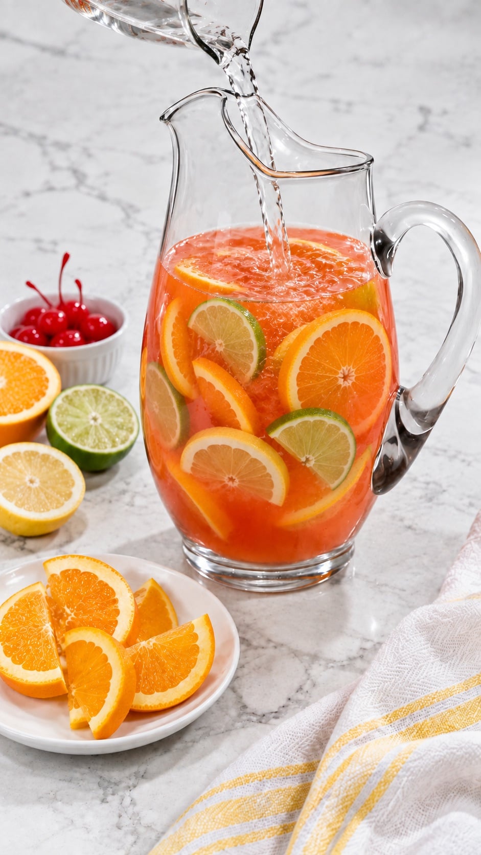 Rum added to the stirred fruit juice mixture in a glass pitcher