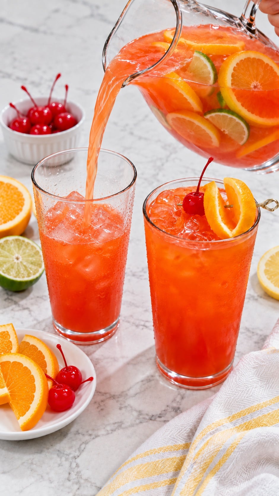 Rum punch poured into an ungarnished glass filled with ice