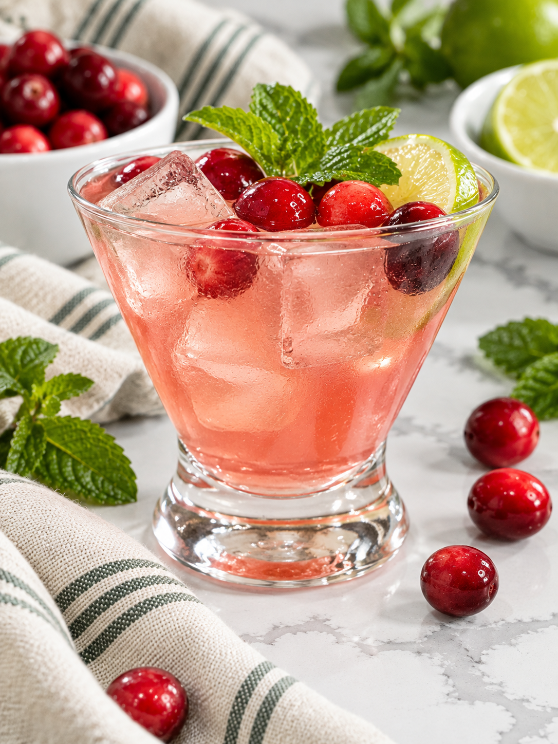 Finished Jingle Juice with ginger beer served over ice with cranberry, lime, and mint garnishes.