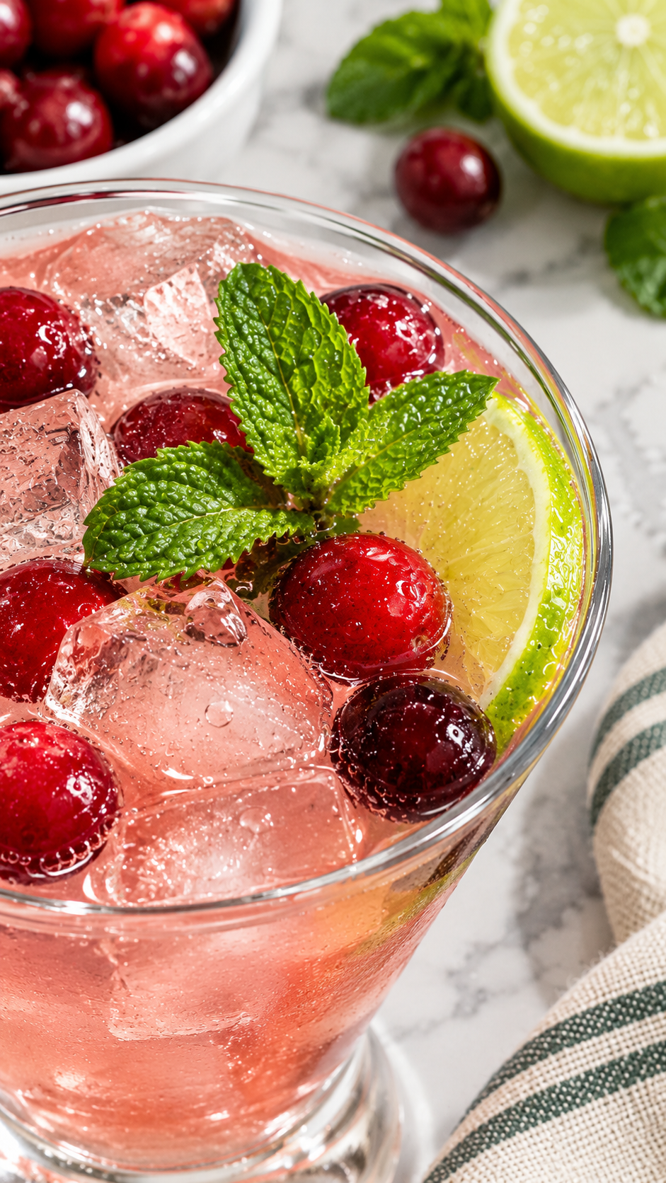 Close-up of cranberry and lime garnishes on fizzy Jingle Juice.