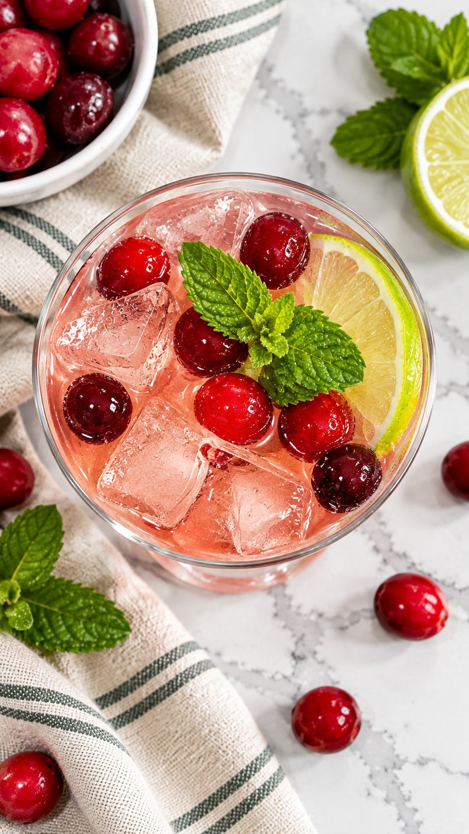 Overhead view of Jingle Juice glasses with fresh cranberries, lime, and mint.