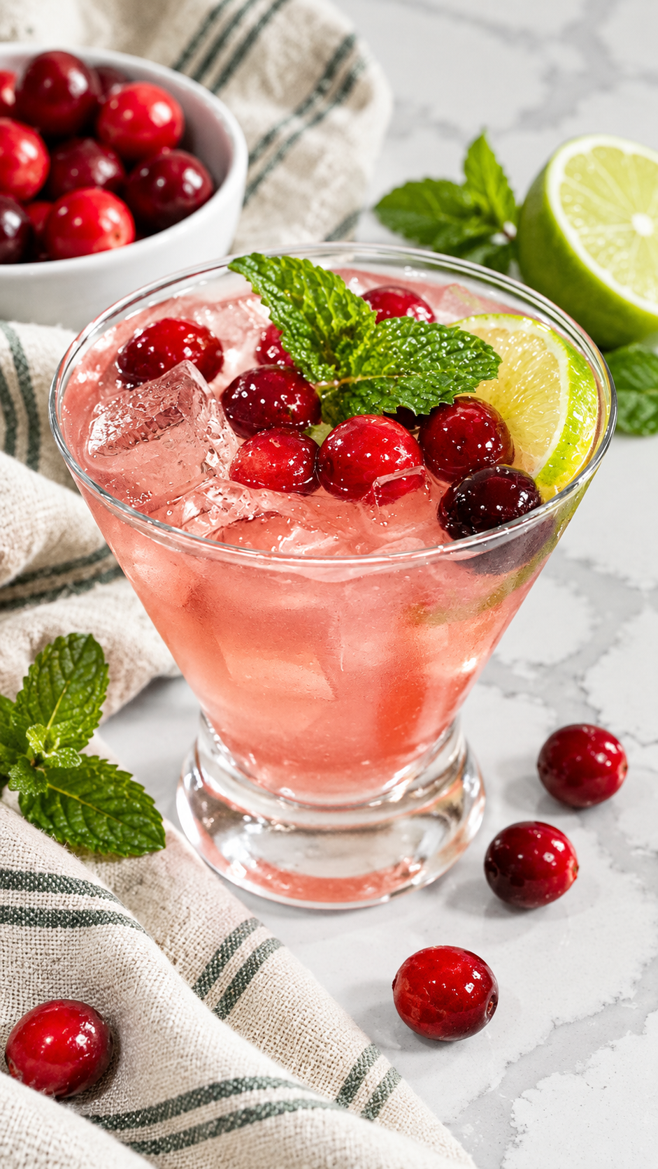 Pink Jingle Juice with cranberries, lime, mint, and ice in a clear glass.