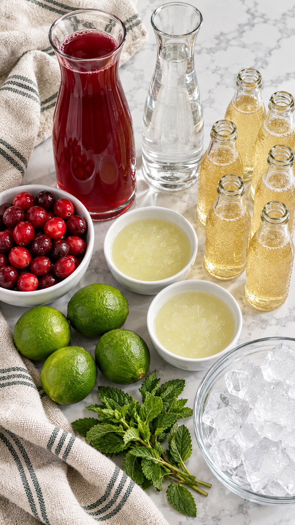 Cranberry-pomegranate juice drink, limeade concentrate, vodka, ginger beer, cranberries, limes, mint, and ice.