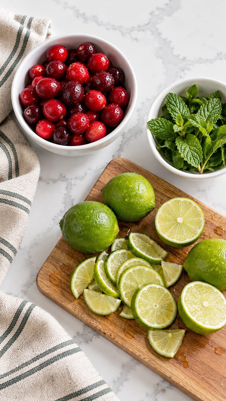 Fresh cranberries, sliced limes, and mint prepared for holiday punch.