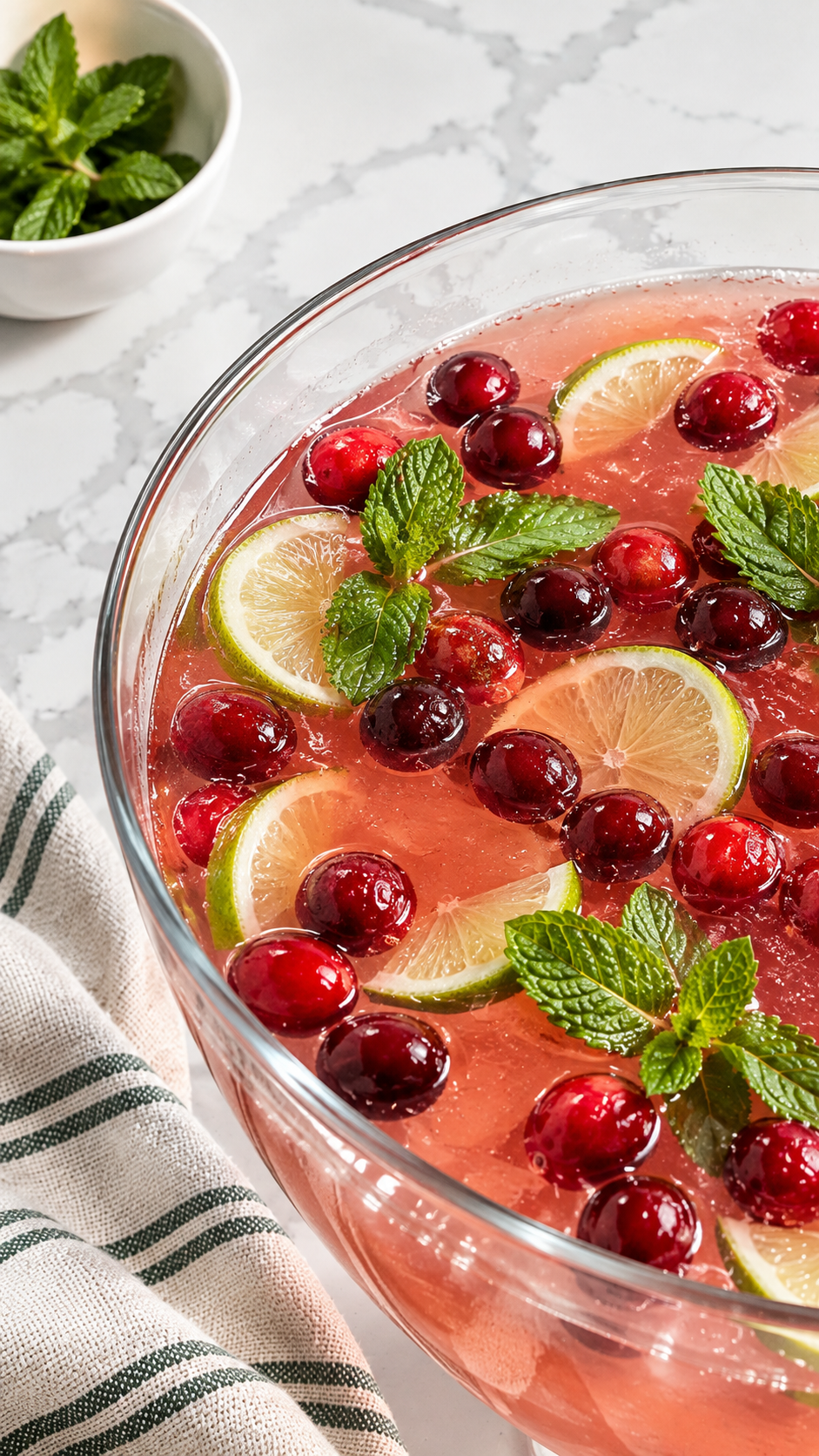 Pink holiday punch garnished with cranberries, lime slices, and fresh mint.
