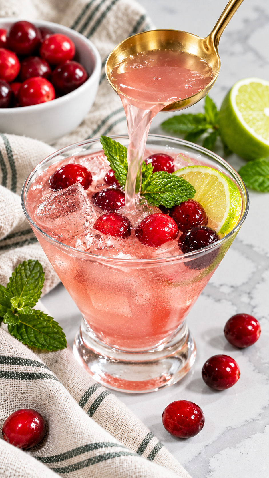A ladle pouring Jingle Juice into a glass filled with ice.