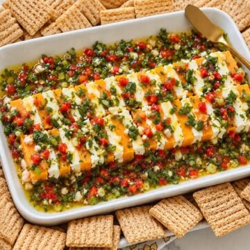 Angled view of marinated cheddar and cream cheese with herbs and pimentos.