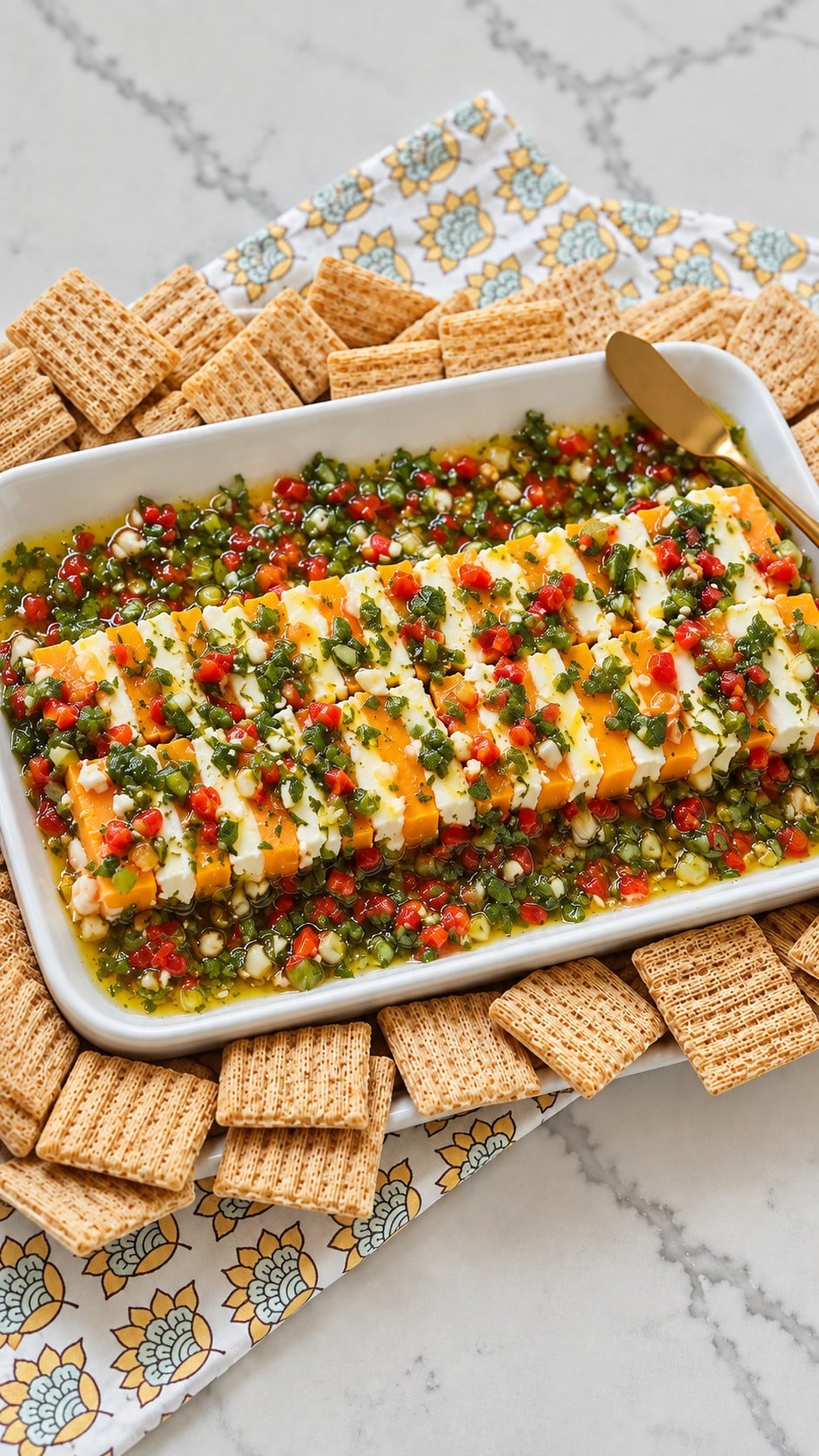 Angled view of marinated cheddar and cream cheese with herbs and pimentos.
