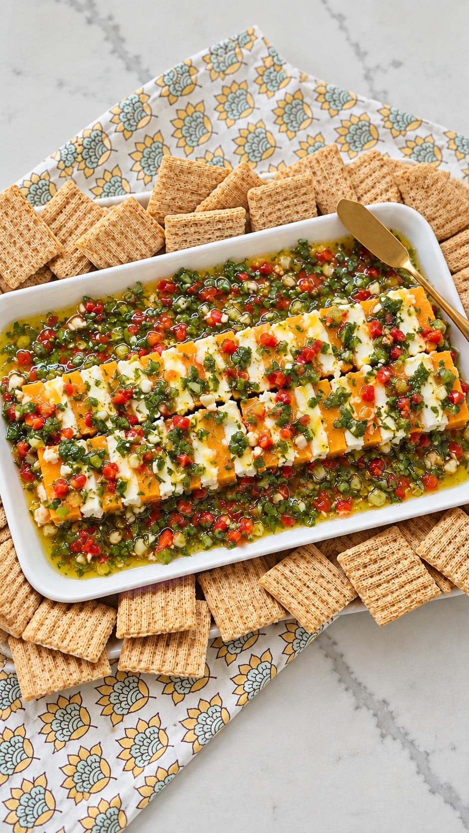 Close angled view of cracker-sized cheese slices joined into one marinated block.
