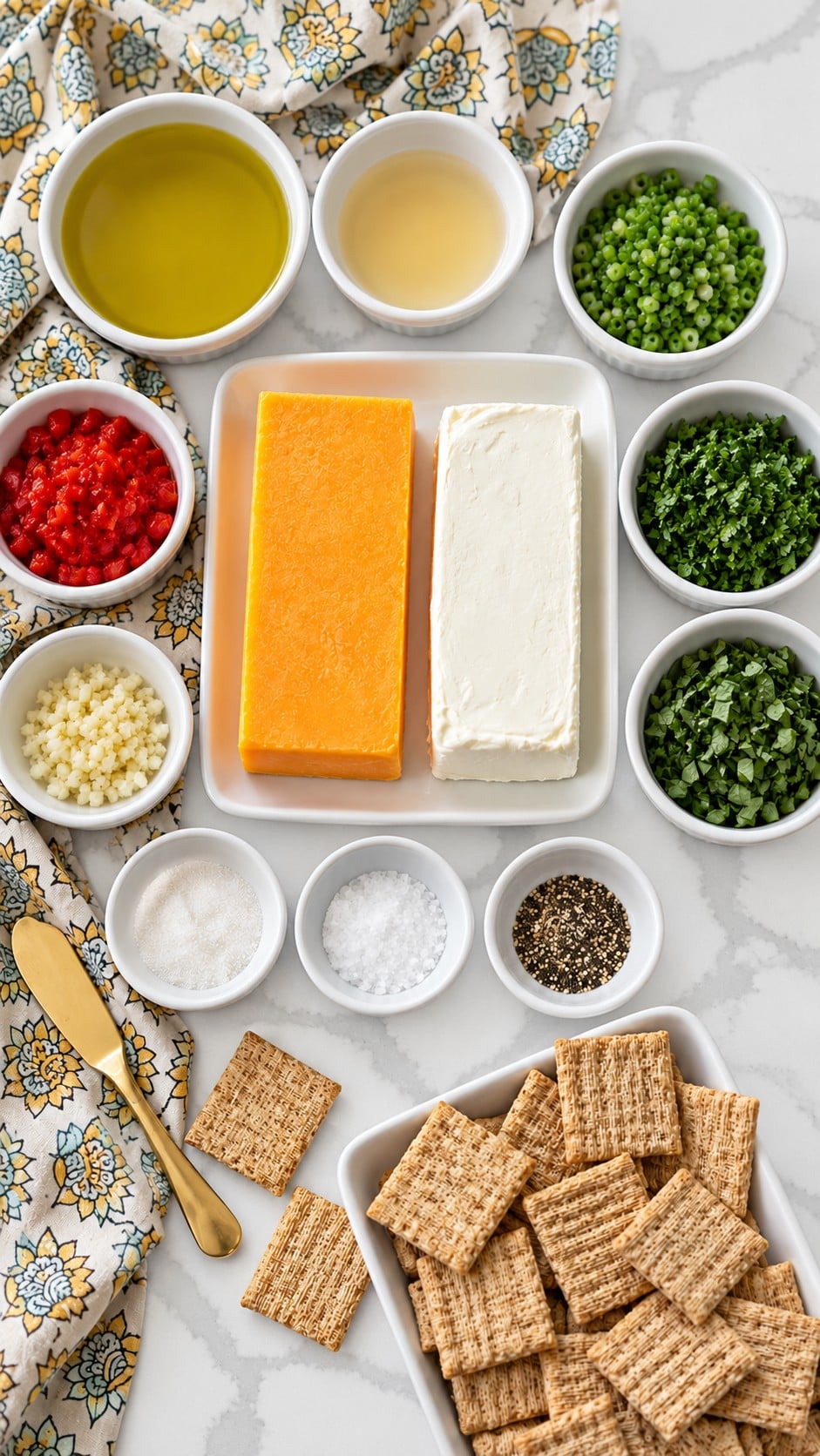 Cheddar, block cream cheese, fresh herbs, pimentos, oil, vinegar, and seasonings for marinated cheese.