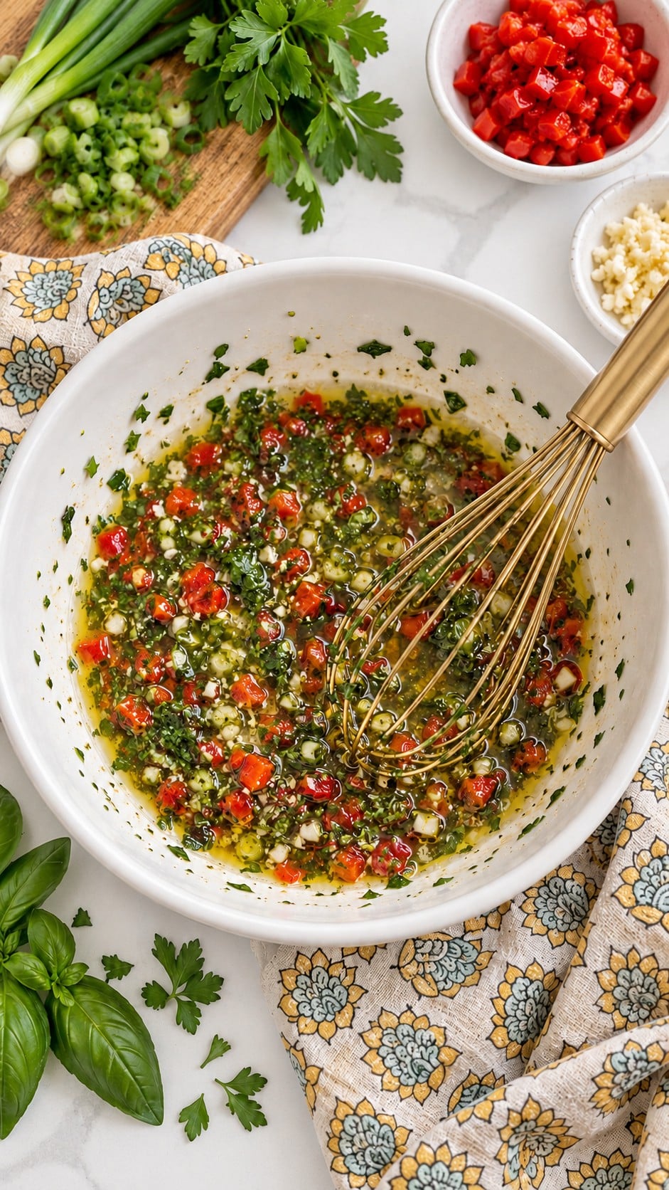 Fresh herbs, garlic, green onions, and pimentos stirred into the oil and vinegar marinade.