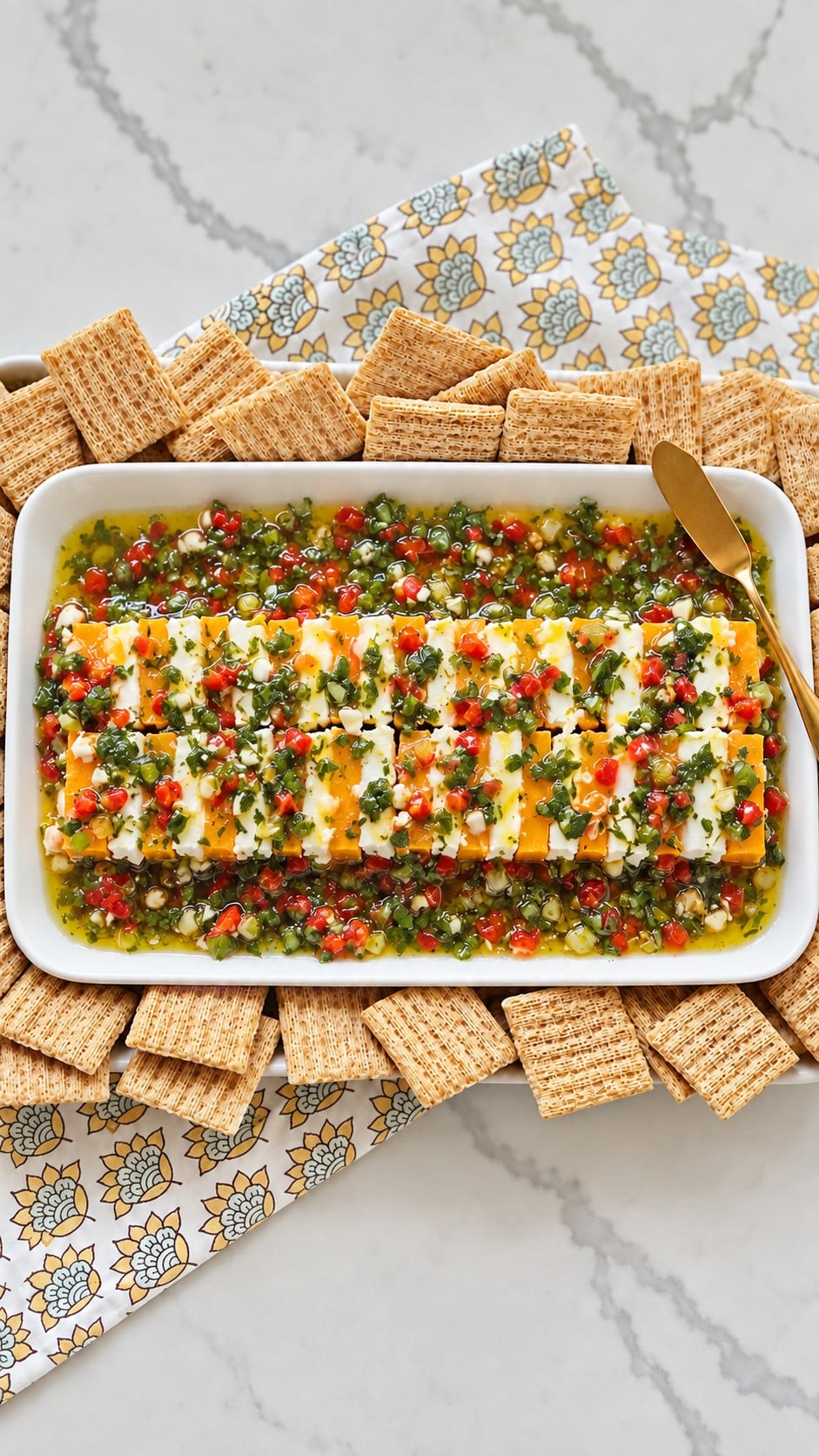 Herb and pimento marinade distributed over the two rows of cheese.