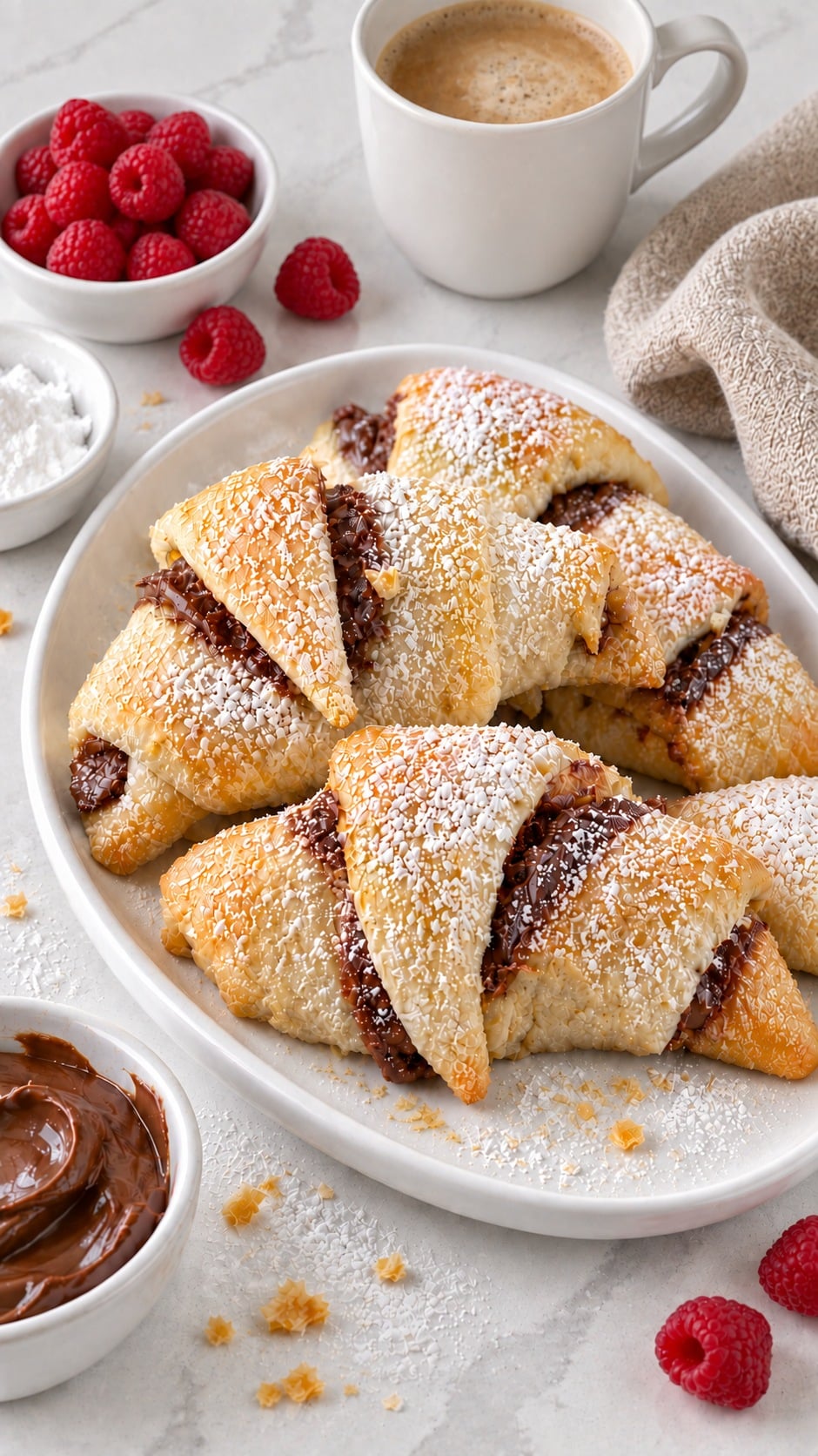 Nutella crescent rolls with powdered sugar served beside raspberries and coffee