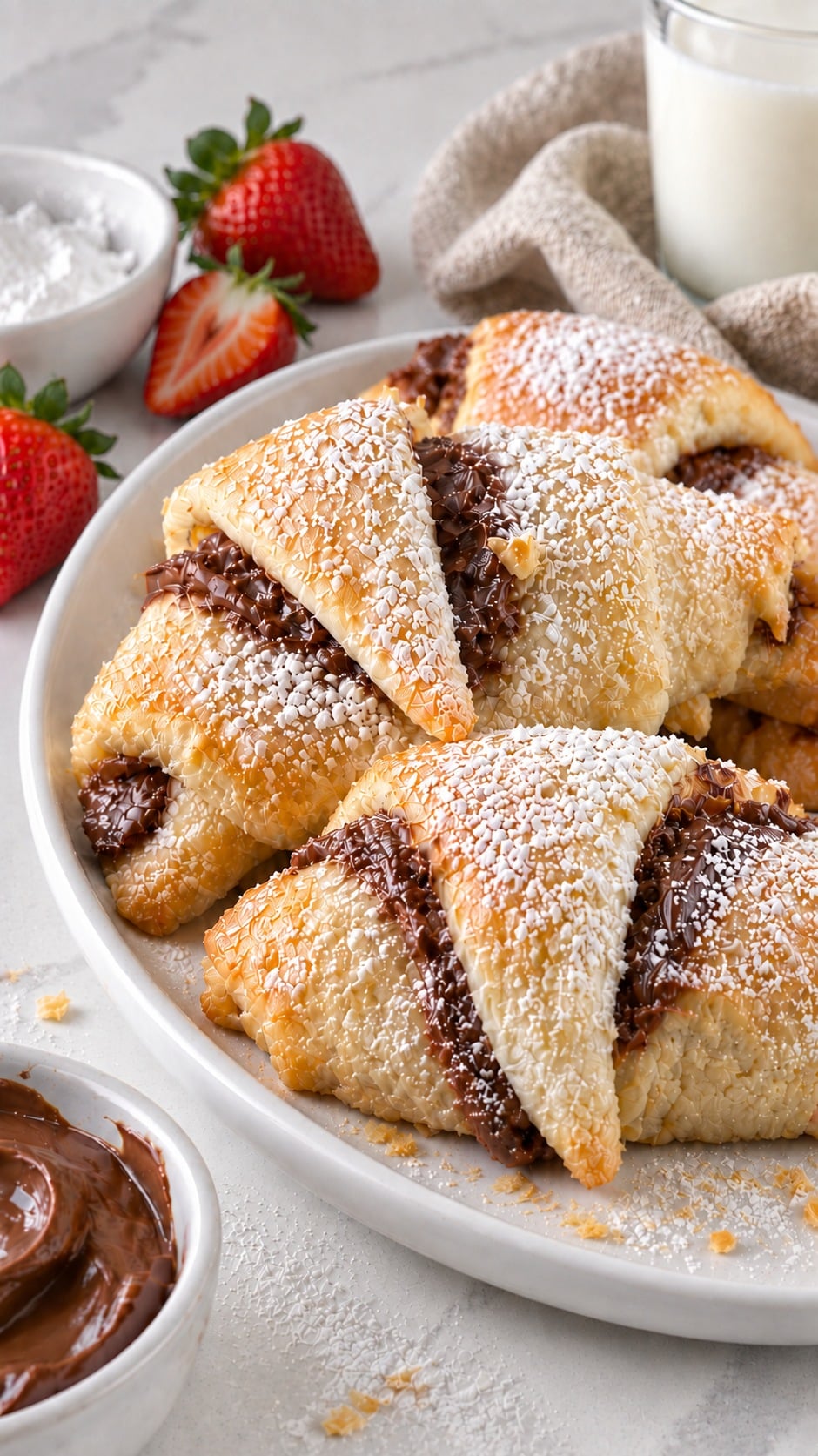 Close view of flaky golden crescent dough and chocolate hazelnut filling