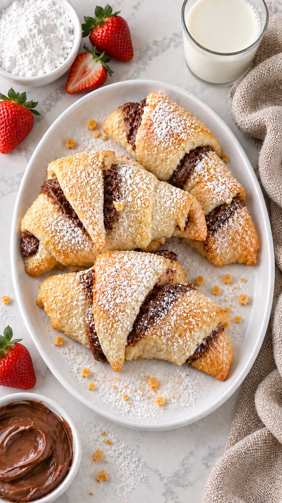 Overhead view of powdered sugar Nutella crescent rolls in the same white oval serving platter