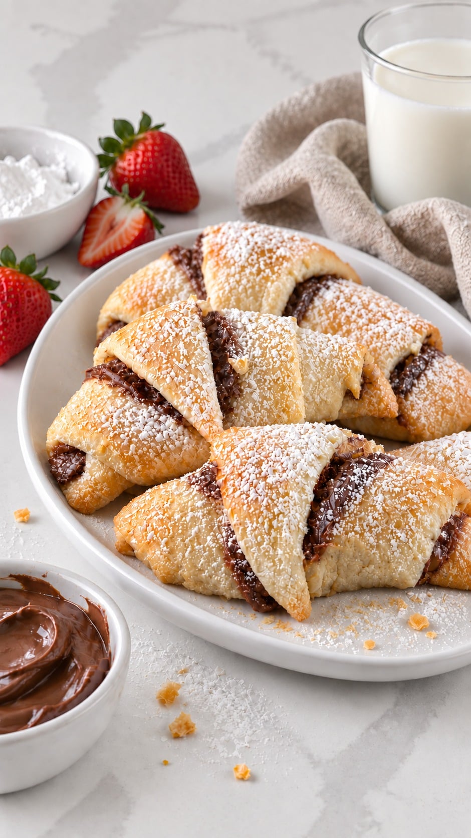 Four golden Nutella crescent rolls dusted with powdered sugar on a white oval platter