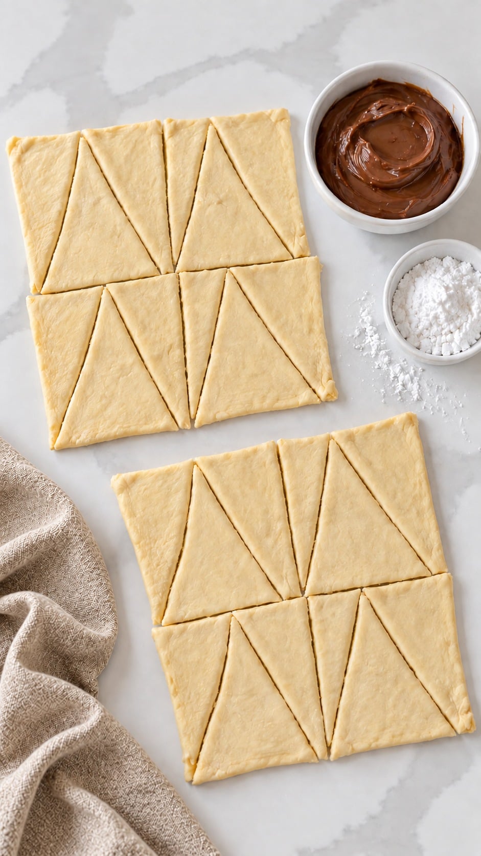 Crescent dough triangles, chocolate hazelnut spread, and powdered sugar for 16 rolls