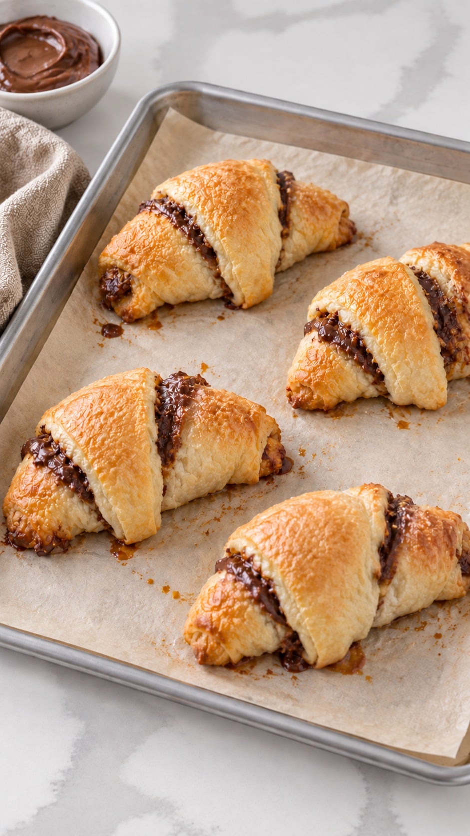 Golden baked Nutella crescents cooling on a parchment-lined baking sheet
