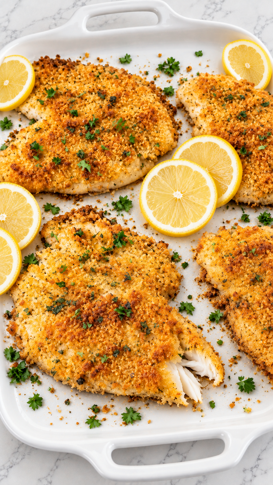 Finished Parmesan crusted tilapia served with fresh lemon