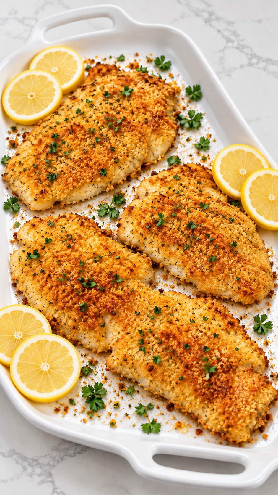 Angled view of Parmesan panko topping on baked tilapia