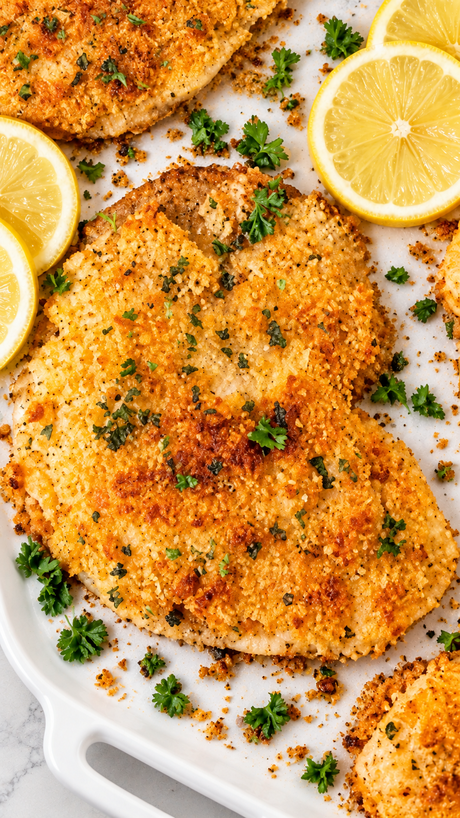 Close view of flaky tilapia with a buttery Parmesan crumb crust