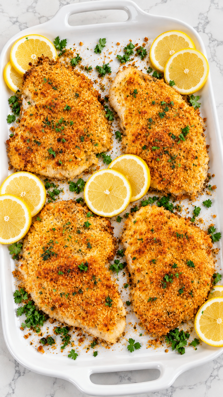Baked Parmesan crusted tilapia with golden panko and lemon on a white handled platter
