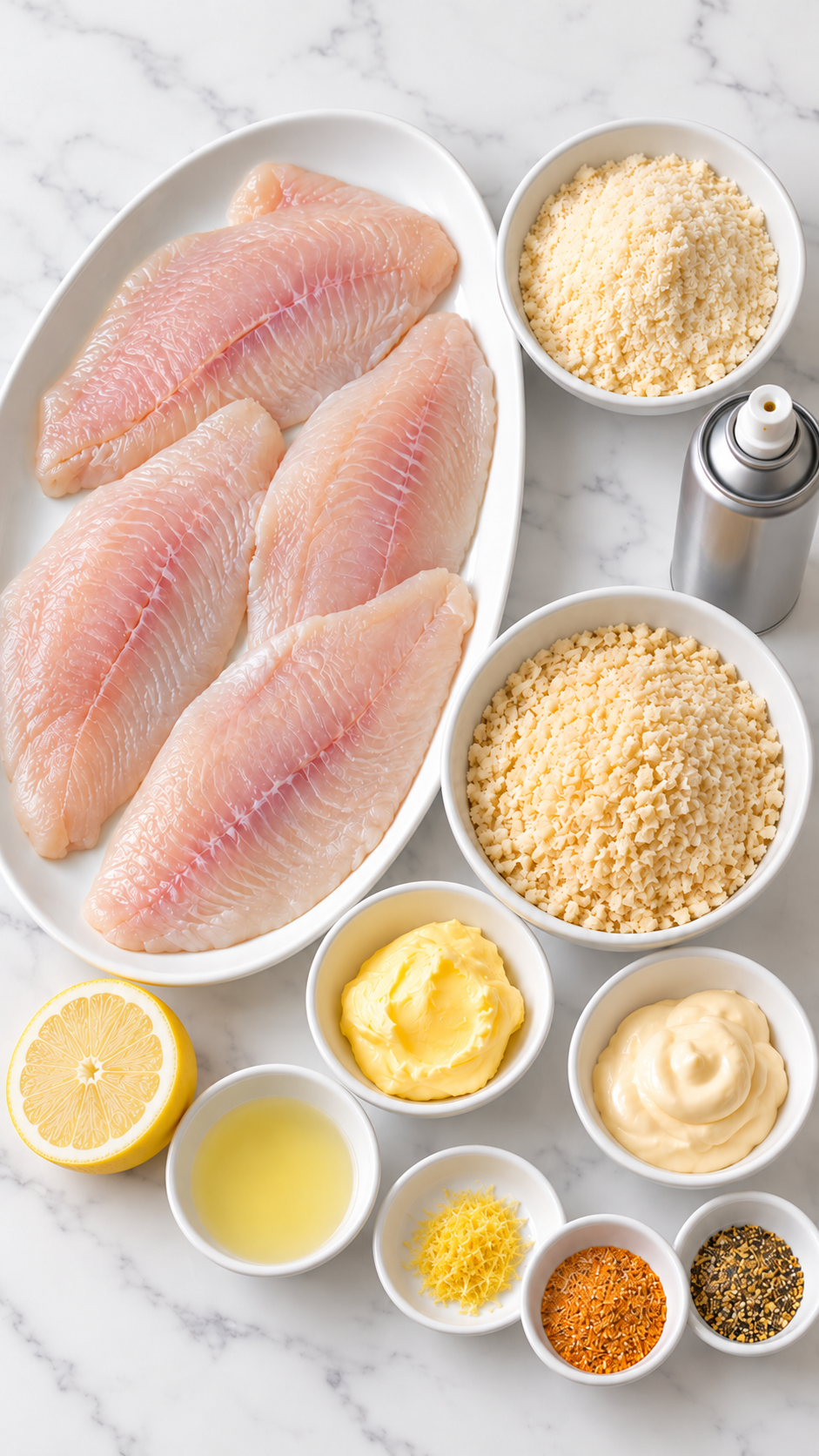 Tilapia, panko, finely grated Parmesan, butter, mayonnaise, lemon and seasonings