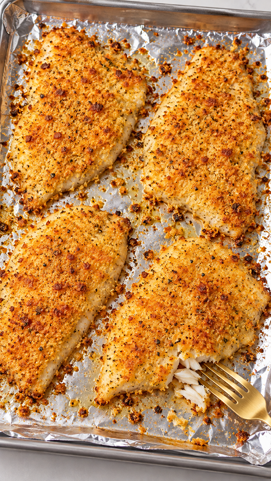 Golden crumb-topped tilapia baked on a foil-lined sheet pan