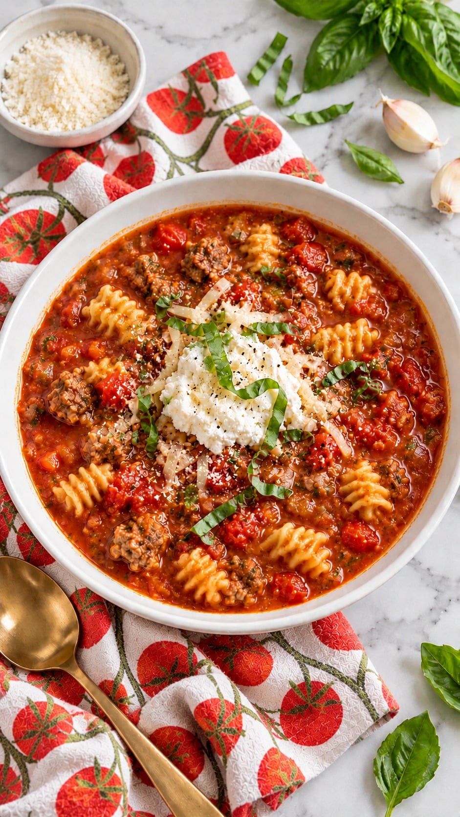 Lasagna soup with Italian sausage and a ricotta topping, with radiatori mostly beneath the tomato broth.
